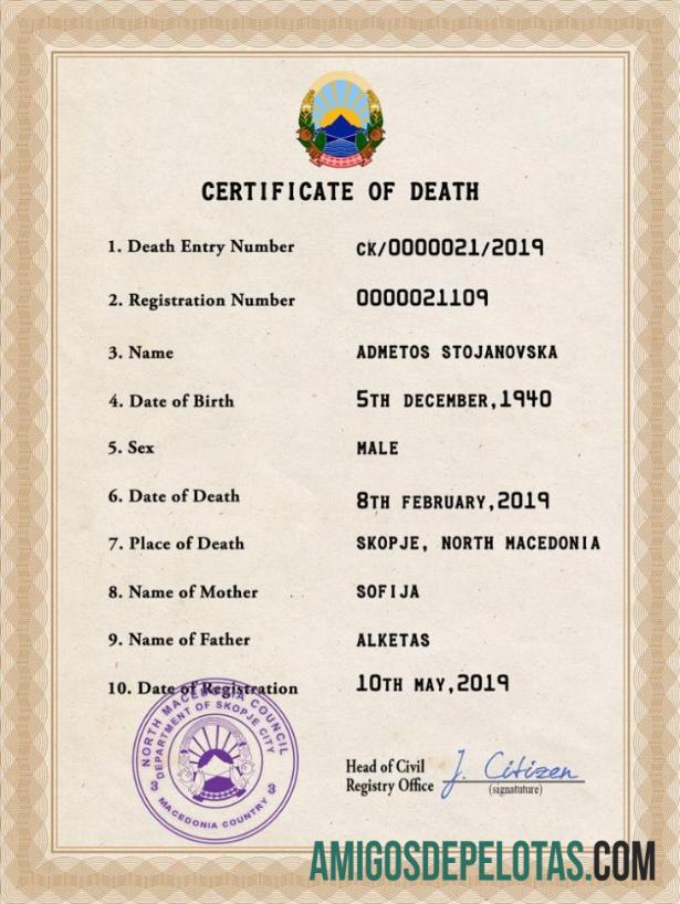 Em branco modelo PSD de certidão de óbito de registro vital da Macedônia do Norte